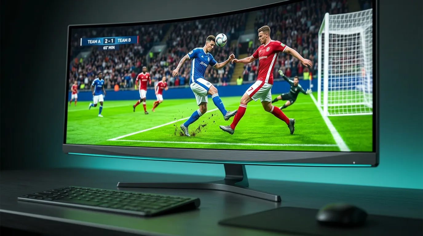 Pantalla con simulación de evento deportivo virtual mostrando interfaz de apuestas y cuotas en tiempo real